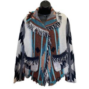 Vintage Birchberry Southwestern Woven Cotton Fringed Jacket Cardigan USA Sz XS